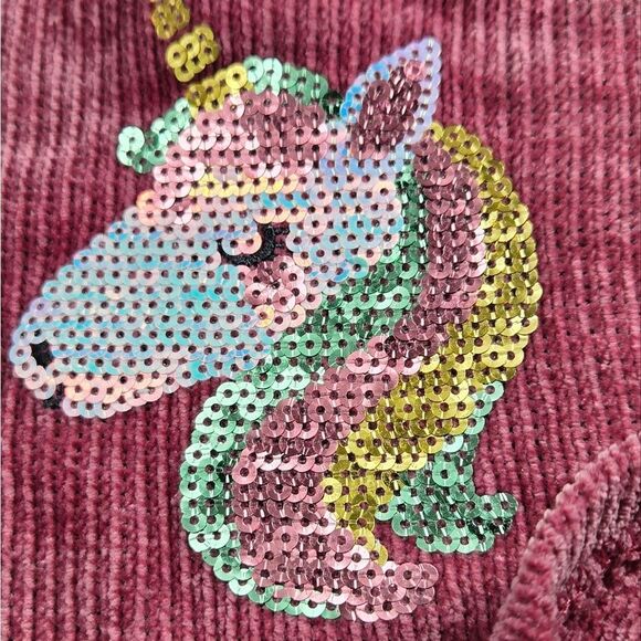 Baby Girl 12M Plush Sequin Unicorn Dress Ruffle Sleeve Dark Pink Velour Skater - Picture 2 of 9